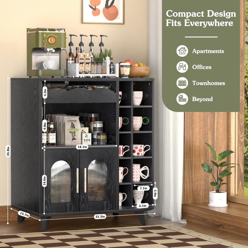 Coffee Bar Cabinet with 24-Cup Display, Large Drawer & Storage, Modern Buffet Sideboard, Medium Wooden Bar Station