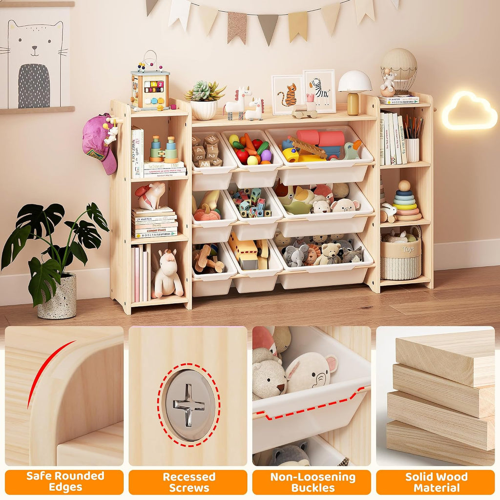 Toy Storage Organizer, Kids Bookshelf with 6 Shelves, 9 Toy Bins & 6 Hooks | Toy Shelf, Storage Bin Unit, Toy