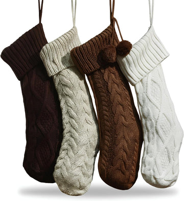 4 Pack Cable Knit Christmas Stockings 18 Inch Farmhouse Large Rustic Neutral Knitted Stockings Ornaments Hanging Xmas