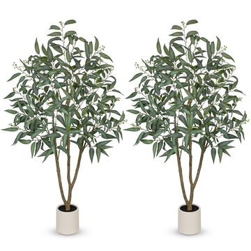 Eucalyptus Trees Artificial Indoor - 2PCS 5FT Tall Faux Eucalyptus Plants in White Planter, Fake Plant Décor for