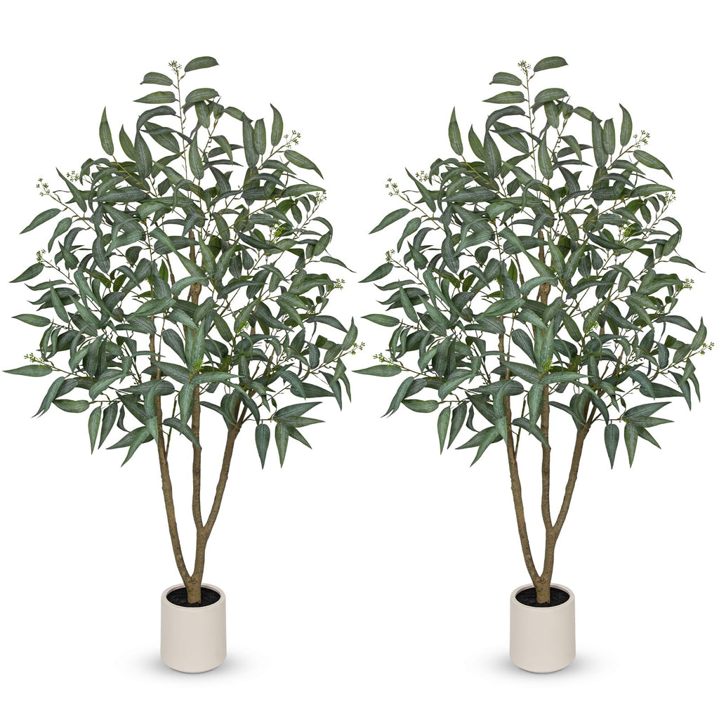 Eucalyptus Trees Artificial Indoor - 2PCS 5FT Tall Faux Eucalyptus Plants in White Planter, Fake Plant Décor for