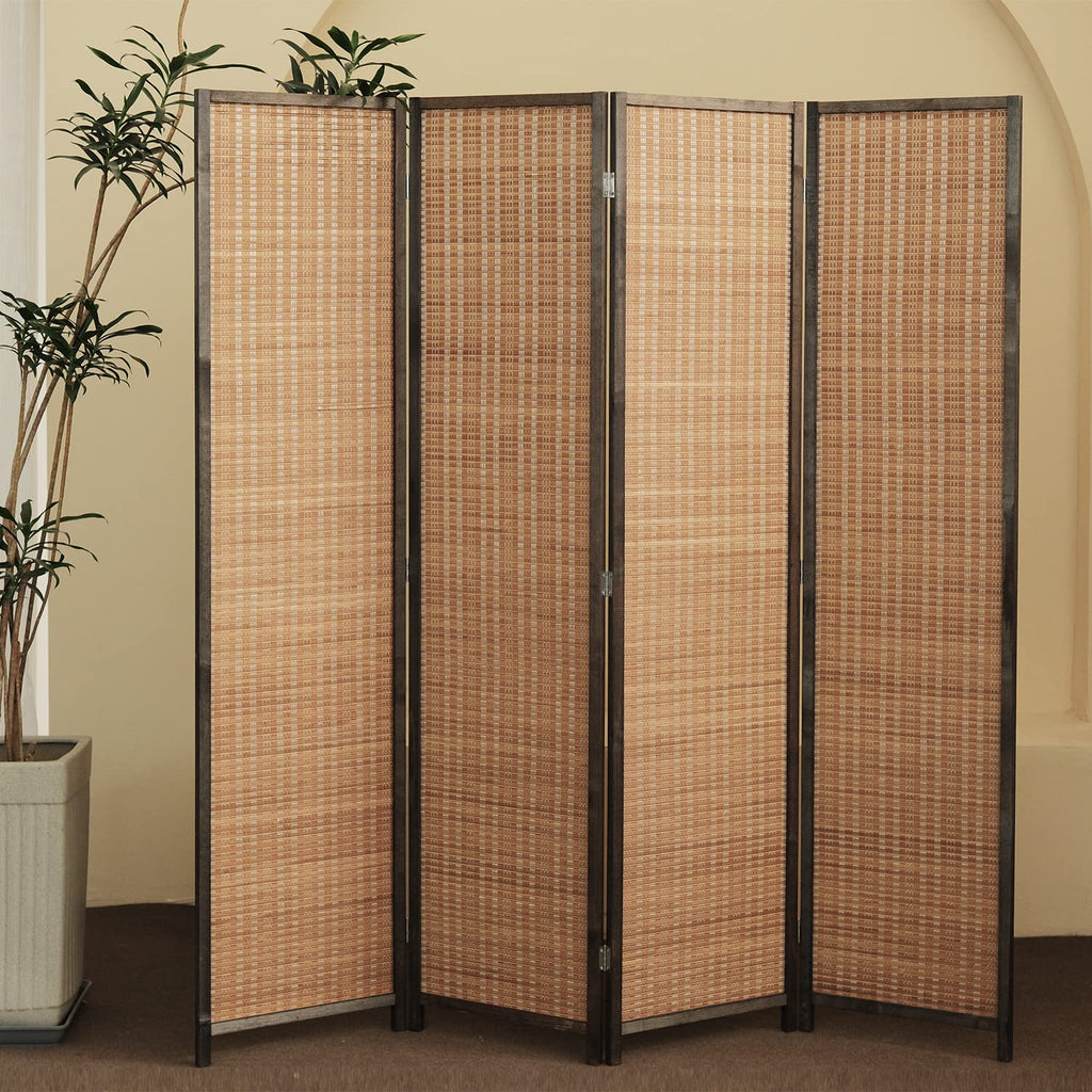 4 Panel Bamboo Room Divider - 5.6 ft Tall Folding Privacy Screen for Room Separation, Natural Brown Freestanding
