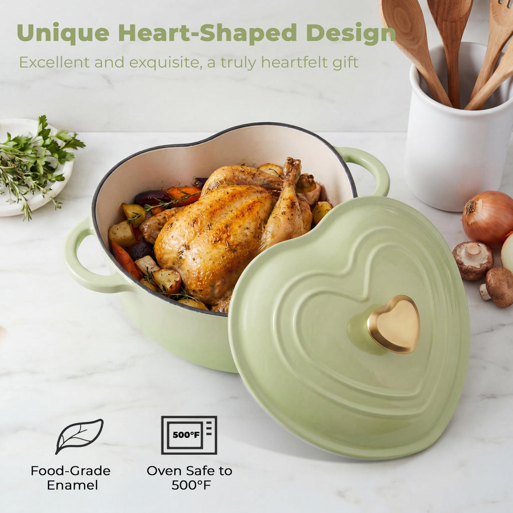 Heart Shaped Dutch Oven 2 QT, Enameled Cast Iron Pot (Green)