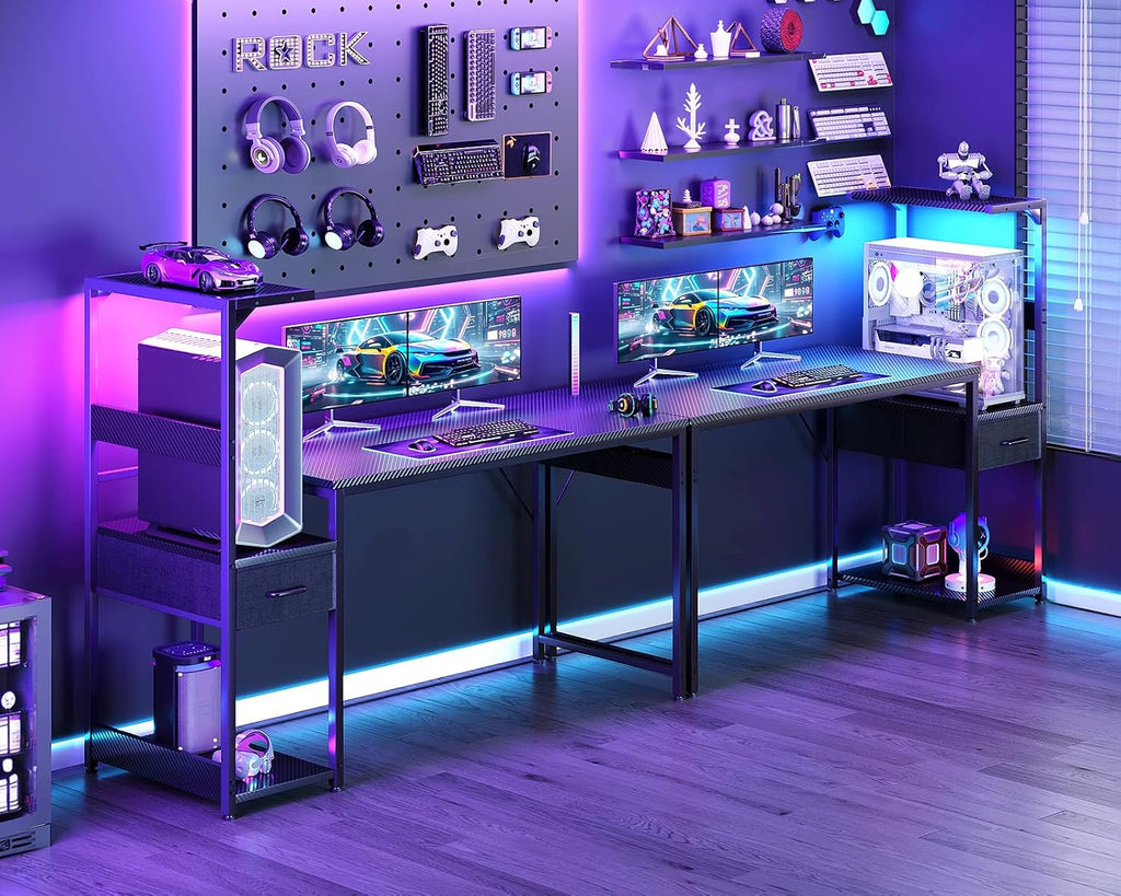 54'' Gaming Desk with LED Lights & CPU Stand, Reversible Computer Desk with Storage Shelves & Fabric Drawer, Modern