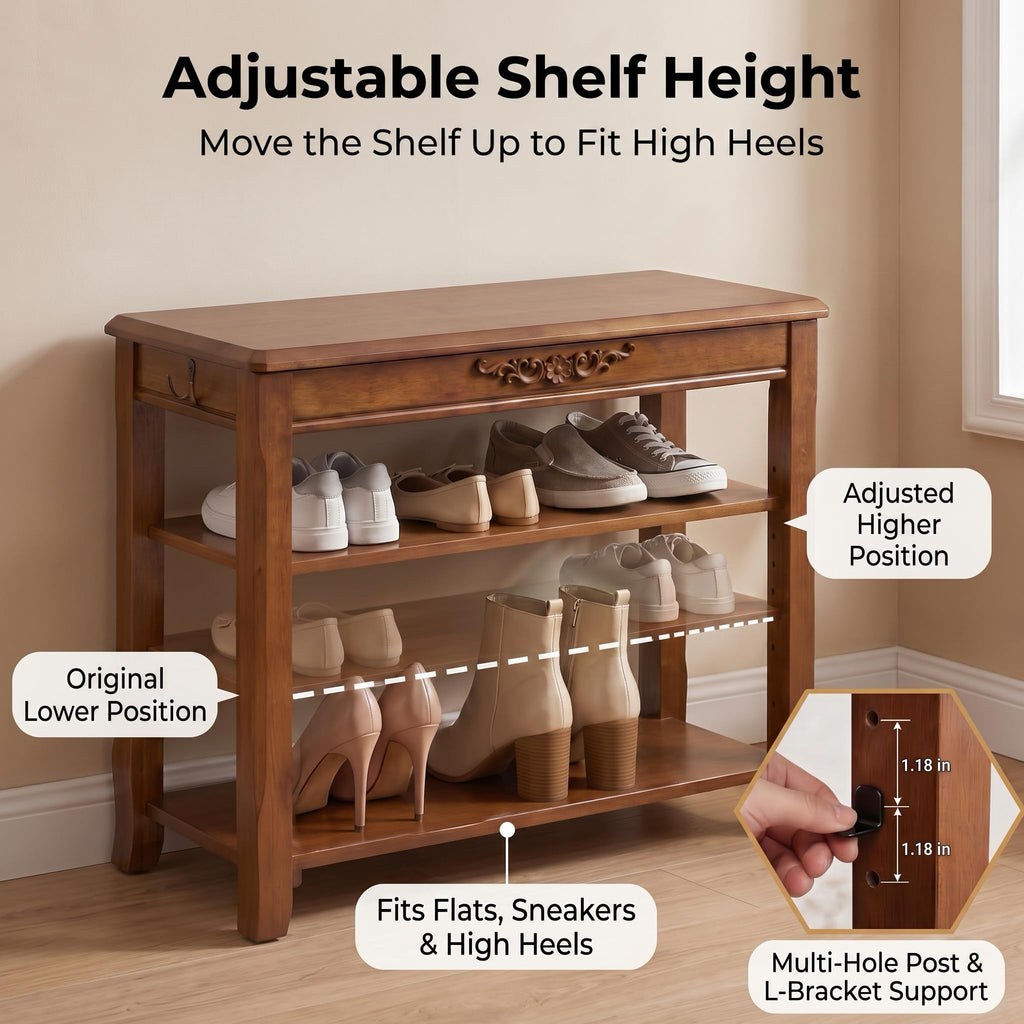 Shoe Rack Bench with Lift-Top Storage, 3-Tier Shoe Storage Bench with Wooden Seat, 550lbs Heavy Duty Entryway Bench