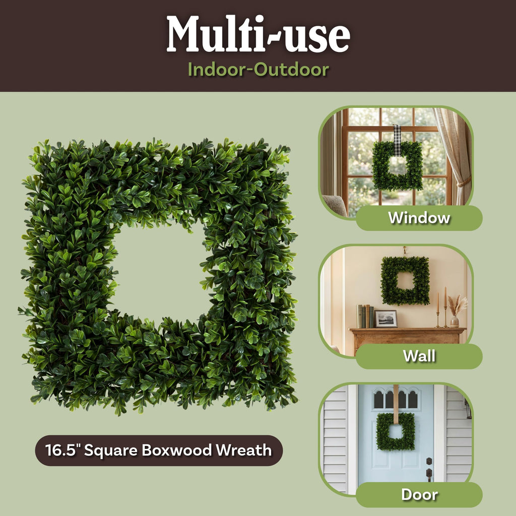 Square Boxwood Wreath for Front Door, Green, 16.5"