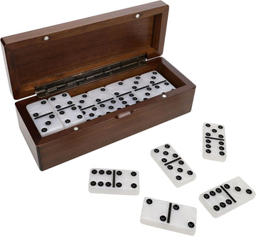 Double 6 Marbleized Dominoes in Magnetic Wooden Travel Box, Dominoes Set for Adults, White Color Double Six Domino