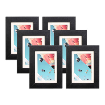 Black Wooden Minimalist Picture Frames Set - Tempered Glass - 5x7 matted to 4x6 - Tabletop Easel - 6-Pack