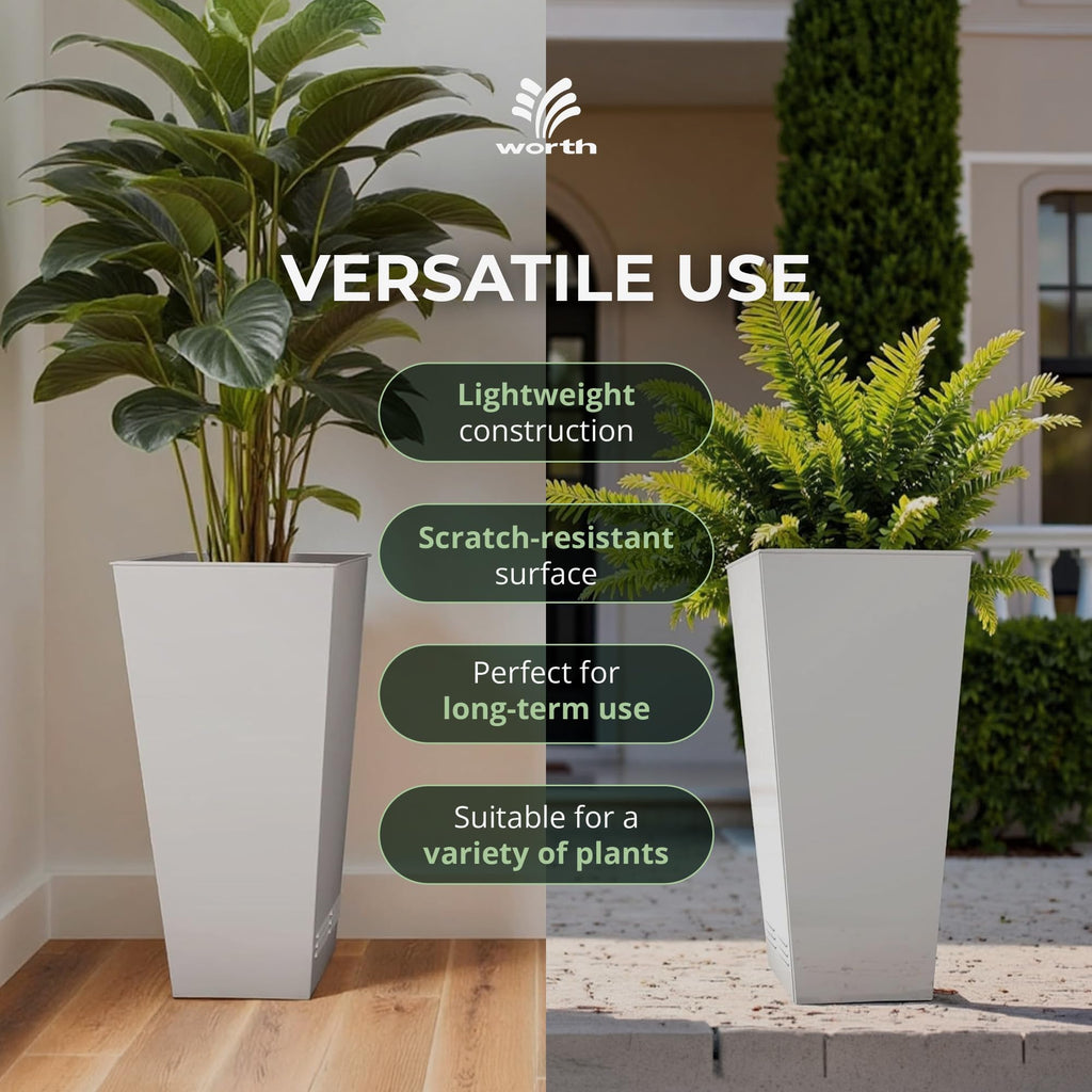 2 Pack 28" Tall Large Metal Planter, Tapered Steel Flower Pots with Insert Plate with Drain Holes & Air Vents for