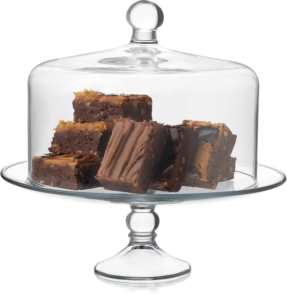 Selene Glass Cake Stand with Dome Lid, Footed Dessert Serving Dish - Set of 2