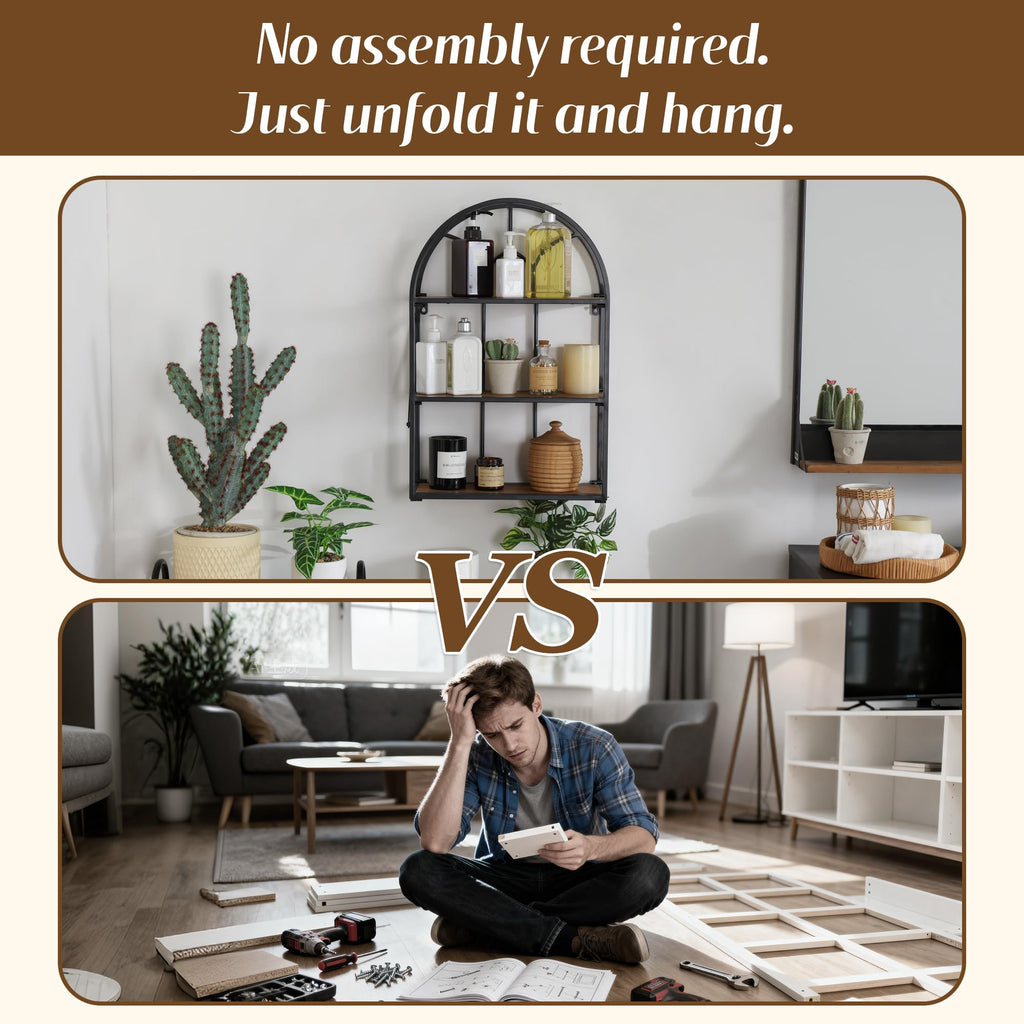 Arched Foldable Metal & Wood Wall Shelf - 3 Tier Freestanding Floating Ledge Shelves Window Design Storage Rack Décor