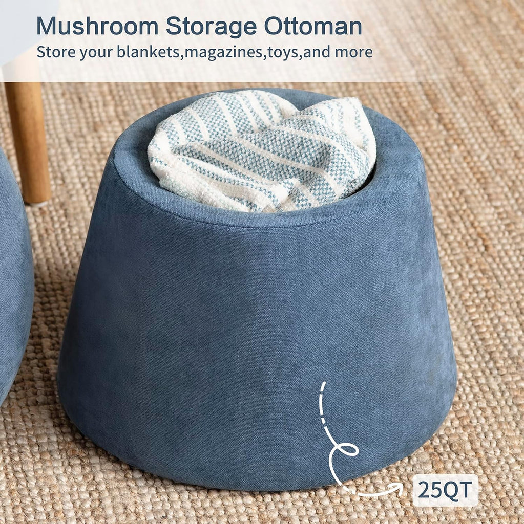 15" Blue Mushroom Ottoman with Storage | Chenille Fabric, Round Foot Rest, Modern Footstool,for Vanity, Bedroom