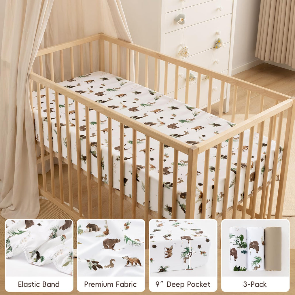 3 Pack Fitted Crib Sheets, Ultra Soft Breathable Comfortable Baby Sheet Set for Boys Girls Neutral, 28x52 Inch Fits