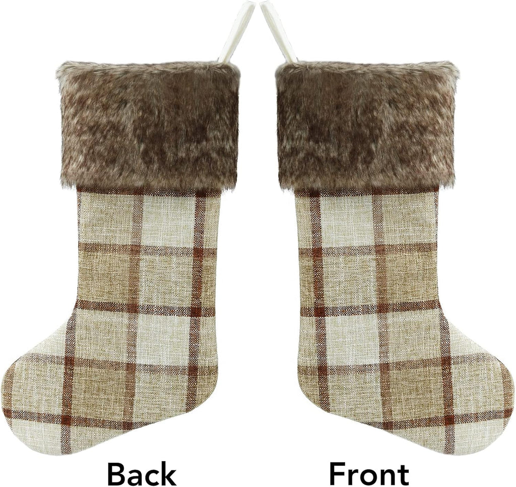 Chirstmas Stockings, 18 Inches 4 Pack Rustic Xmas Stockings with Burlap Buffalo Plaid and Plush Faux Fur, Holiday