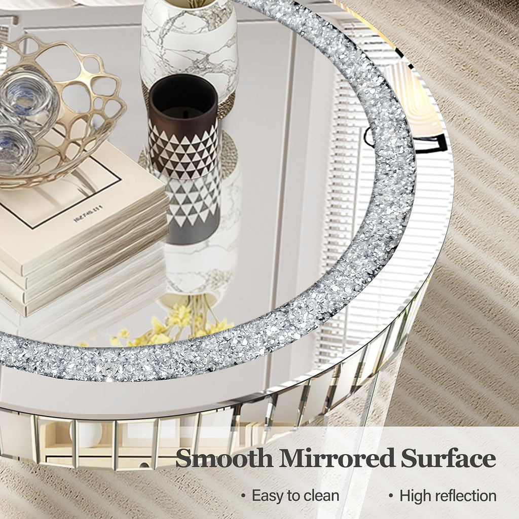 Silver Mirrored Coffee Table with Crystal Inlay, Round Glass Tea Table with Mirrored Finish, Modern Center Table