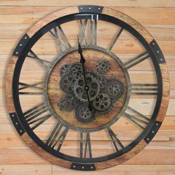 24" Large Wall Clock with Moving Gears, Oversize Vintage Industrial Rustic Farmhouse Clocks Decor Office Home, Solid