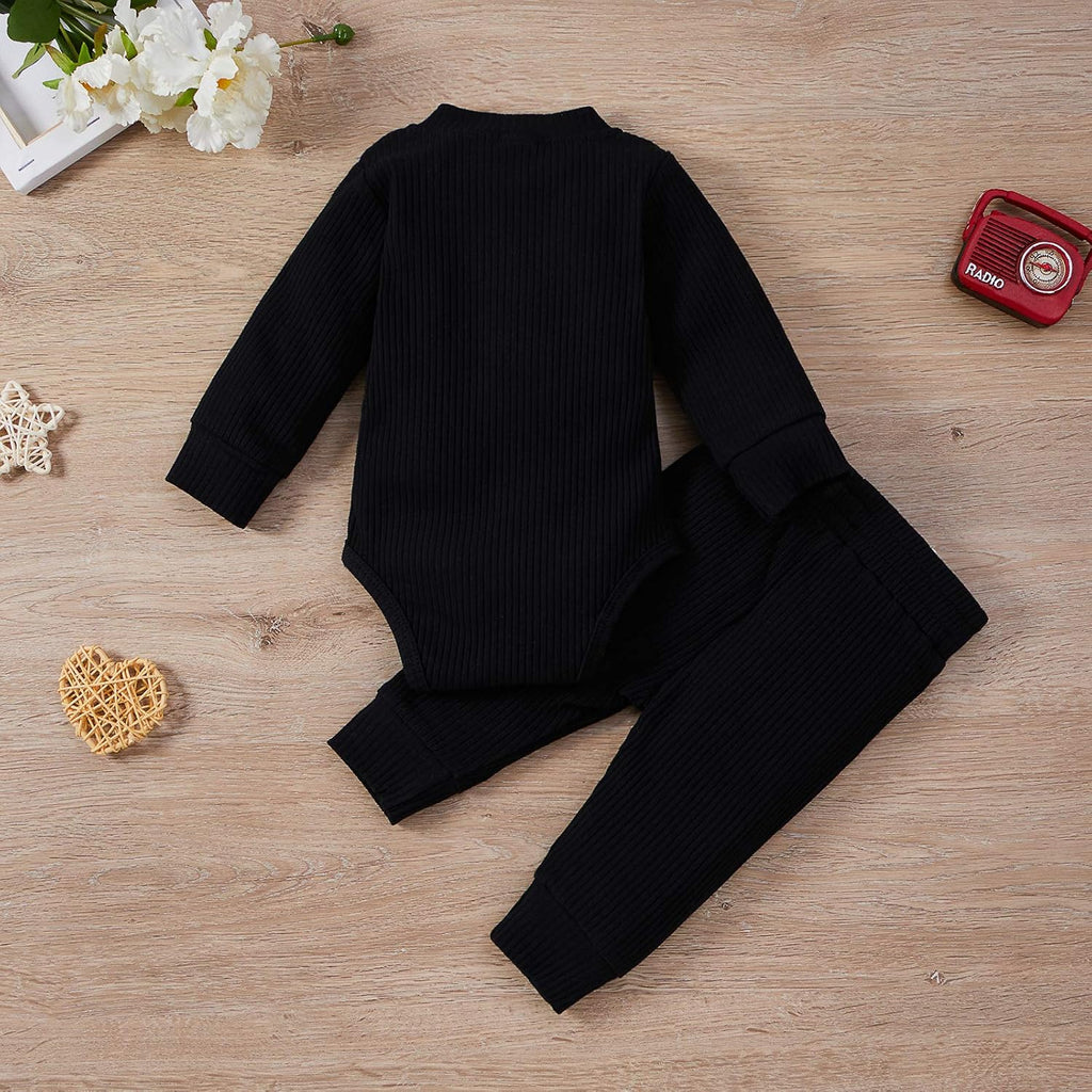 Winter Newborn Baby Boy Girl Clothes Set Ribbed Outfits Unisex Infant Solid Long Sleeve Tops Pants 2PCS