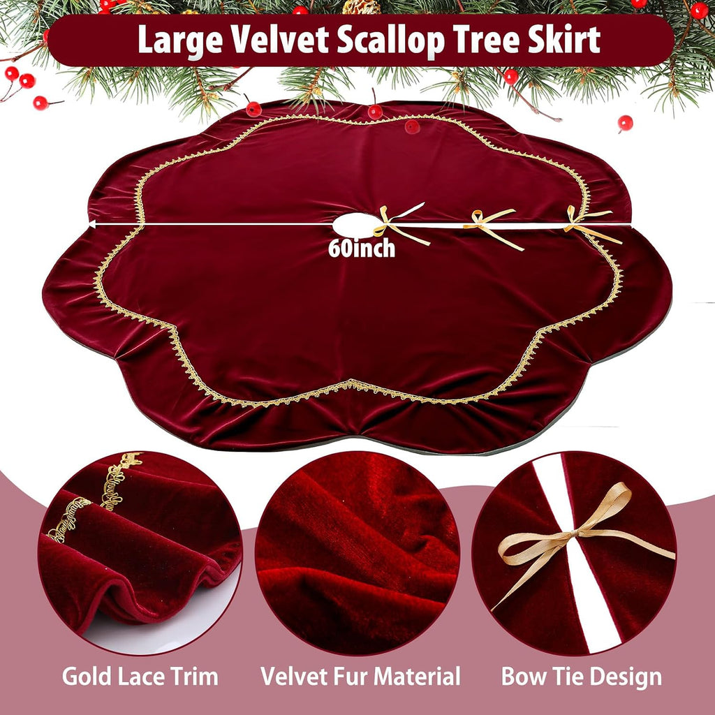 Christmas Tree Skirt 60 Inch Red Velvet Fur Scallop Tree Skirt Sparking Gold Lace Trim for Party Rustic Xmas Holiday