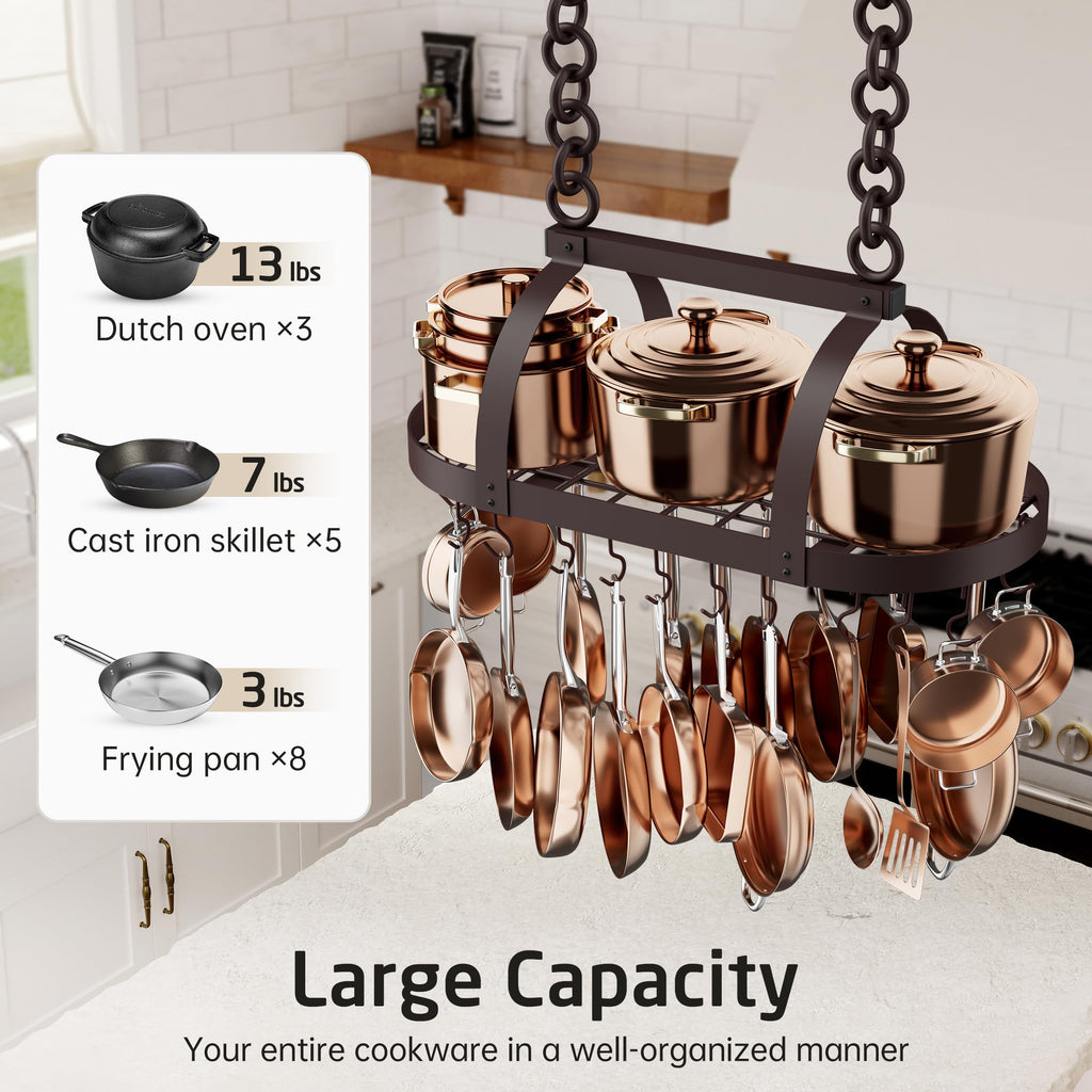 34 Inch Oiled Bronze Hanging Pot Rack, Heavy Duty Oval Pot and Pan Hanging Rack Ceiling Mount, Pot Pan Hangers