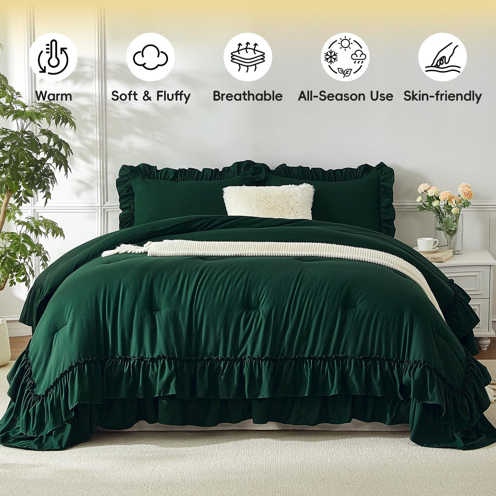 Dark Green Ruffle Comforter Set 3‐Piece Farmhouse Bedding