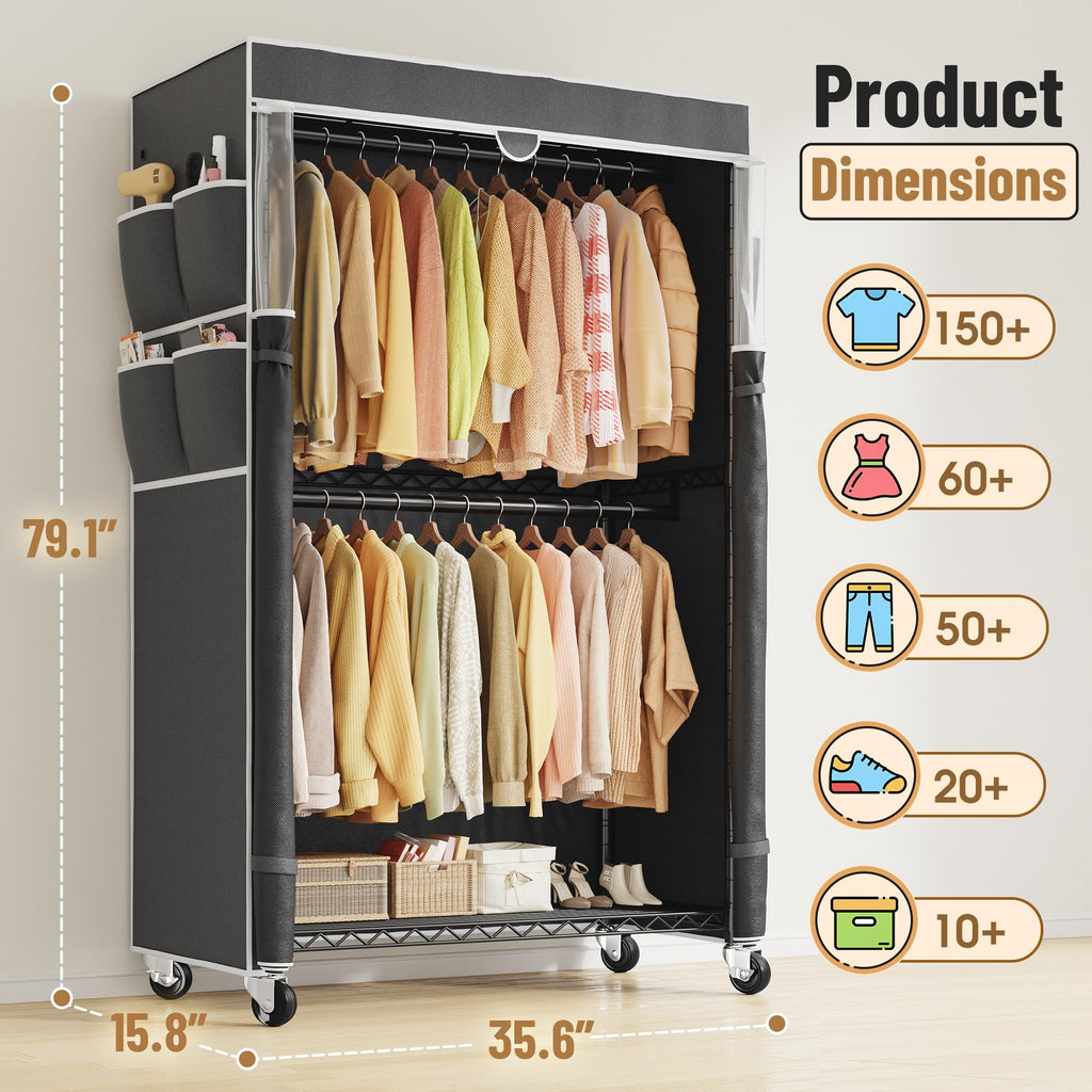 Clothes Rack with Cover, Rolling Portable Closet, 2 Rods & 2 shelves
