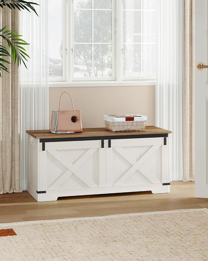 43" Storage Bench, Lift Top, 210L/55Gal Storage Chest | Retro White, Farmhouse, FSC Wood, 330lb, Double Hinges