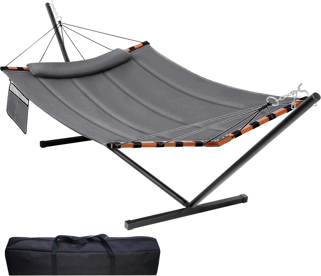 12FT 2 Person Hammock with Stand Included 55 x 79IN Large Hammock 450LB Capacity with Hardwood Spreader Bar & Nylon