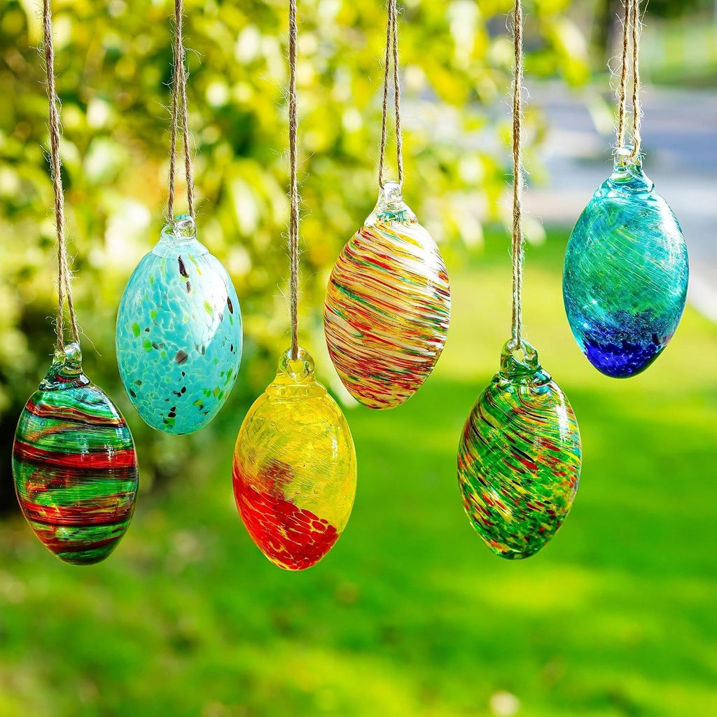 Hand Blown Glass Ball Egg Hanging Ornaments, Home Indoor Outdoor Decor - Set of 6