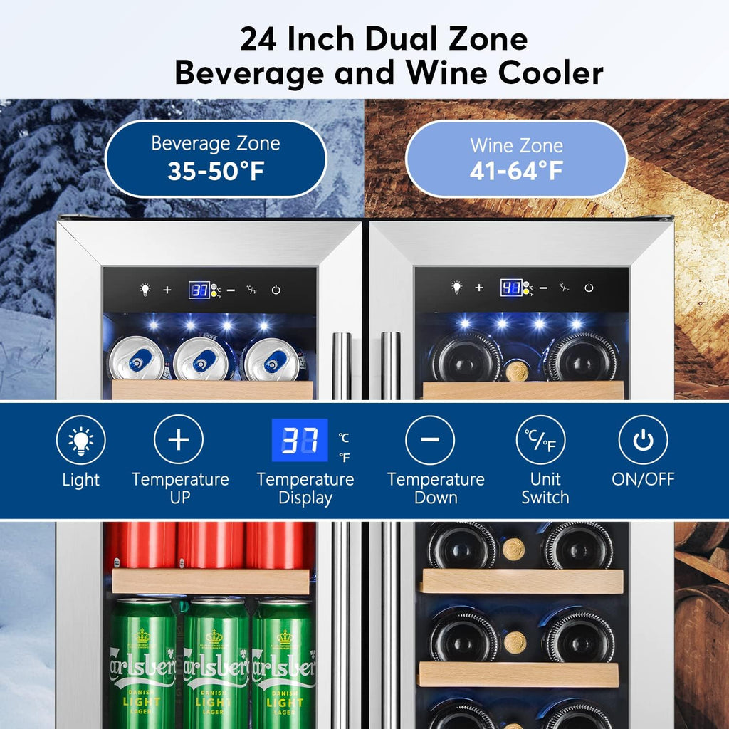 Upgraded Wine and Beverage Refrigerator 24 Inch, Dual Zone Wine Beverage Cooler 