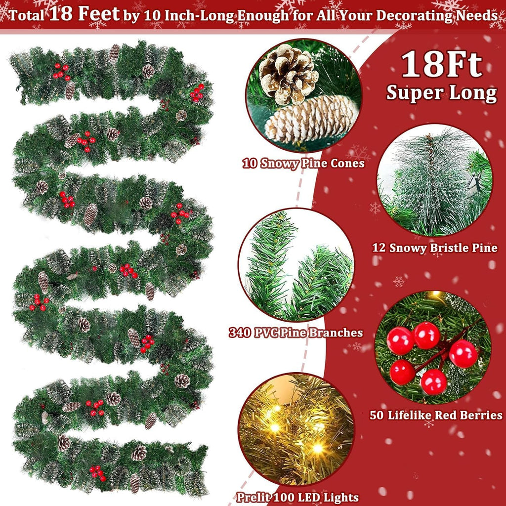 Remote Control&Super Long&8 Modes-18Ft Prelit Snowy Bristle Pine Christmas Garland for Stairs Door Porch Mantle