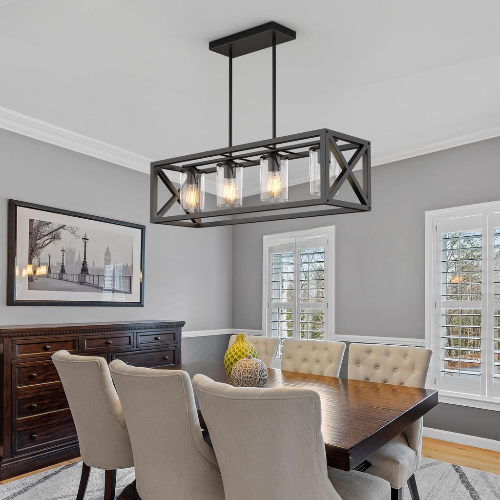 Farmhouse Dining Room Light Fixture - 4 Light Kitchen Island Lighting with Adjustable Height & Thickened Metal Dining