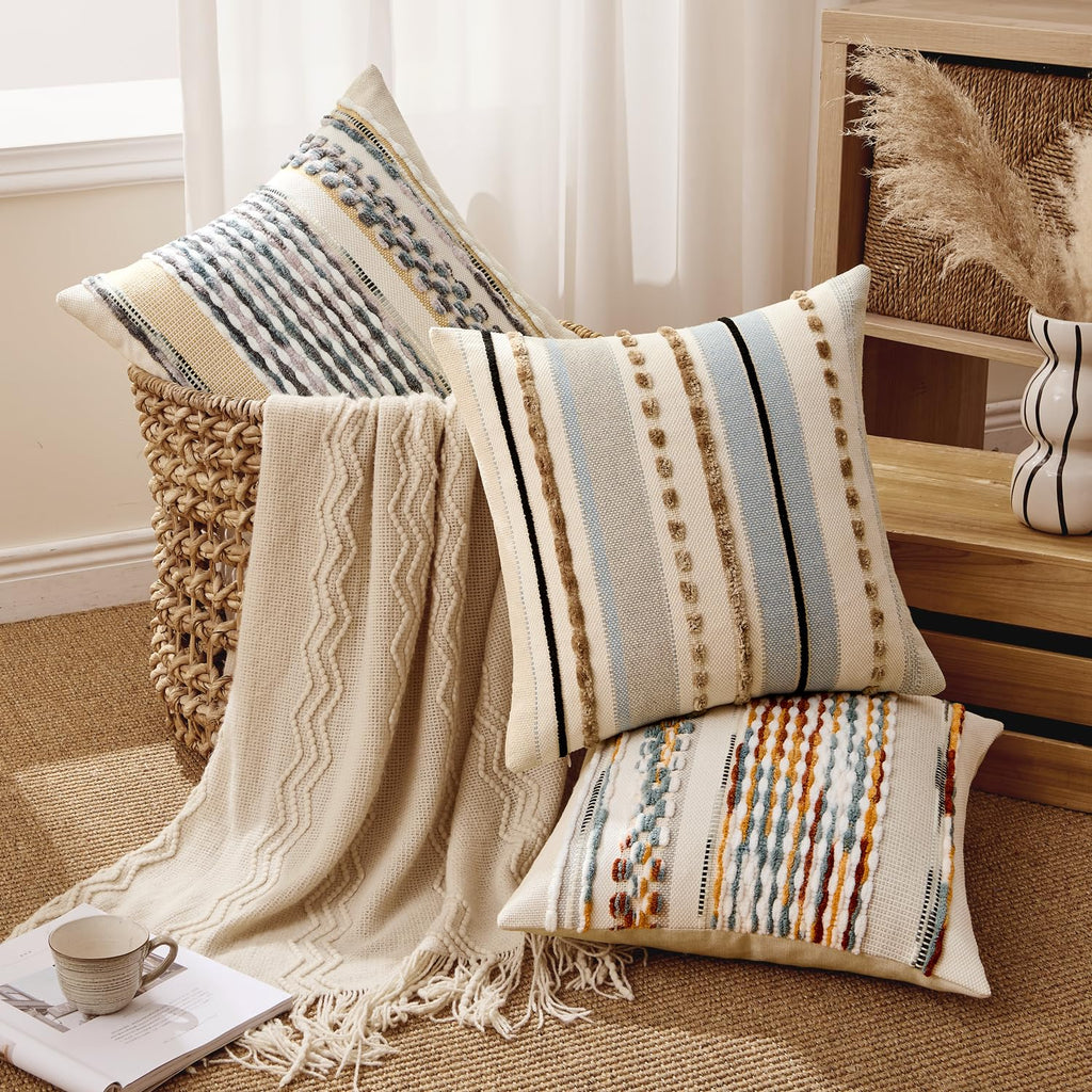 Boho Decorative Pillow Covers Gray Blue Stripe 18x18 Inch Pack of 1