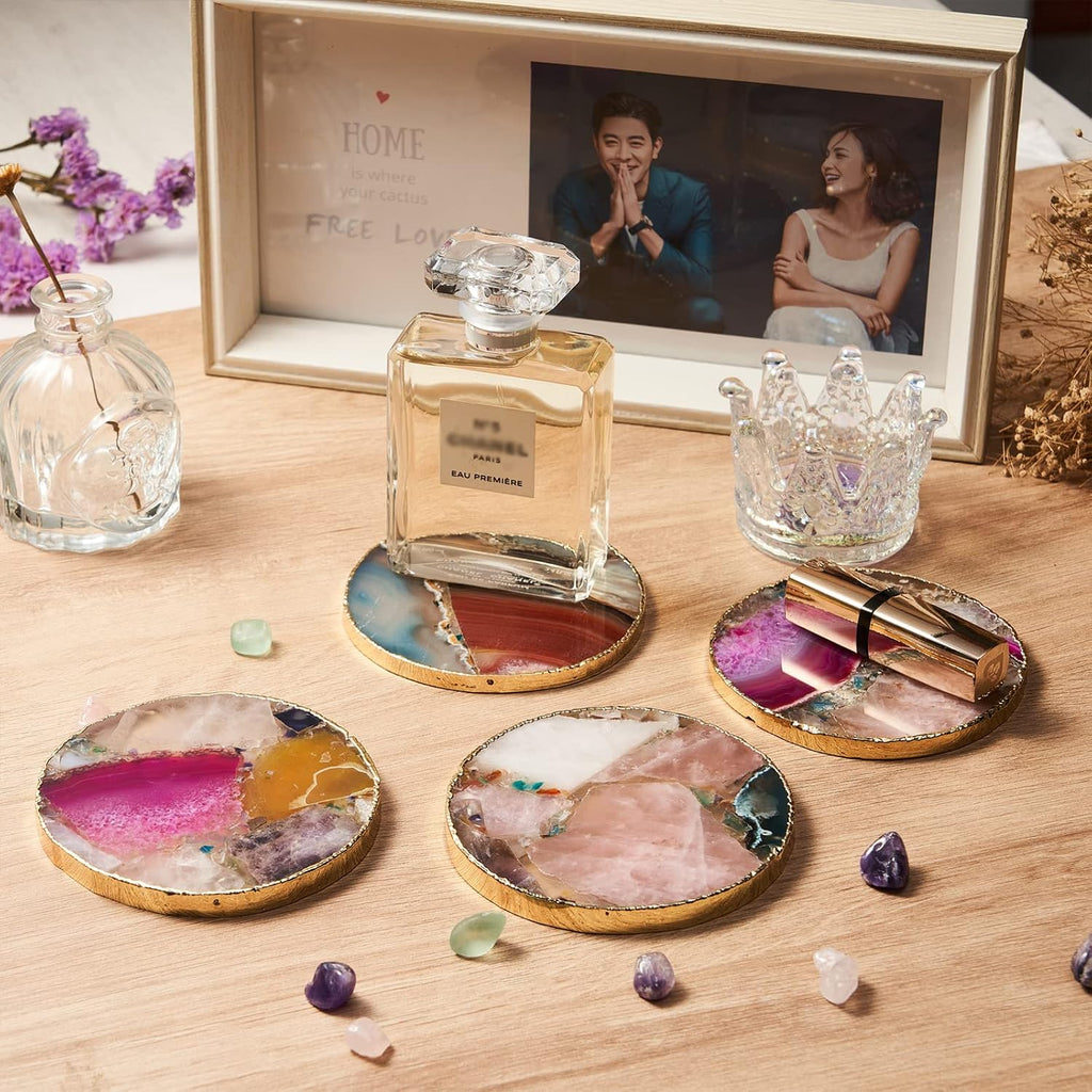 Rainbow Agate Coasters, Natural Crystal Coaster for Drinks, Geode Gemstone with Gold Edge, Agate Slice Stone - Set of 4