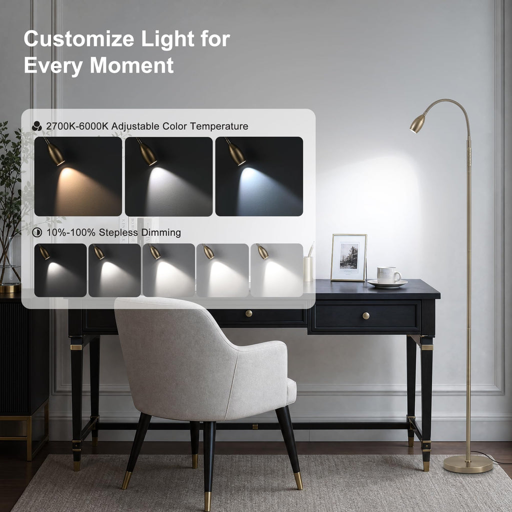 72" Reading Floor Lamp, Gooseneck LED Lamp with Zoomable Spotlight, Brass