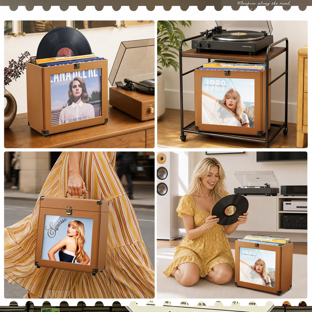 Vinyl Record Storage Box with Lock Record Organizer Storage for 30+ Single Records 12-inch Water Resistant