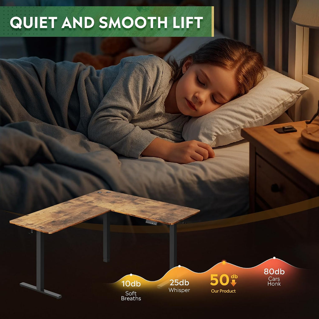 63 Inch Standing Desk, L Shaped, Computer Desk, Rustic Brown | LED Touchscreen, Headphone Hook, 3 Memory Preset