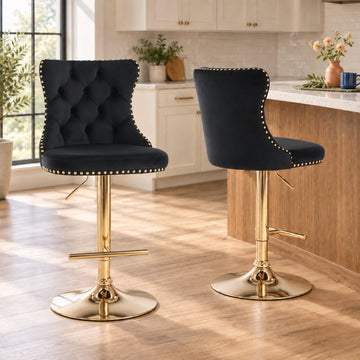 Swivel Counter Height Bar Stools Set of 2, Black Kitchen Island Barstools, Velvet Adjustable Bar Chairs, Tufted Back