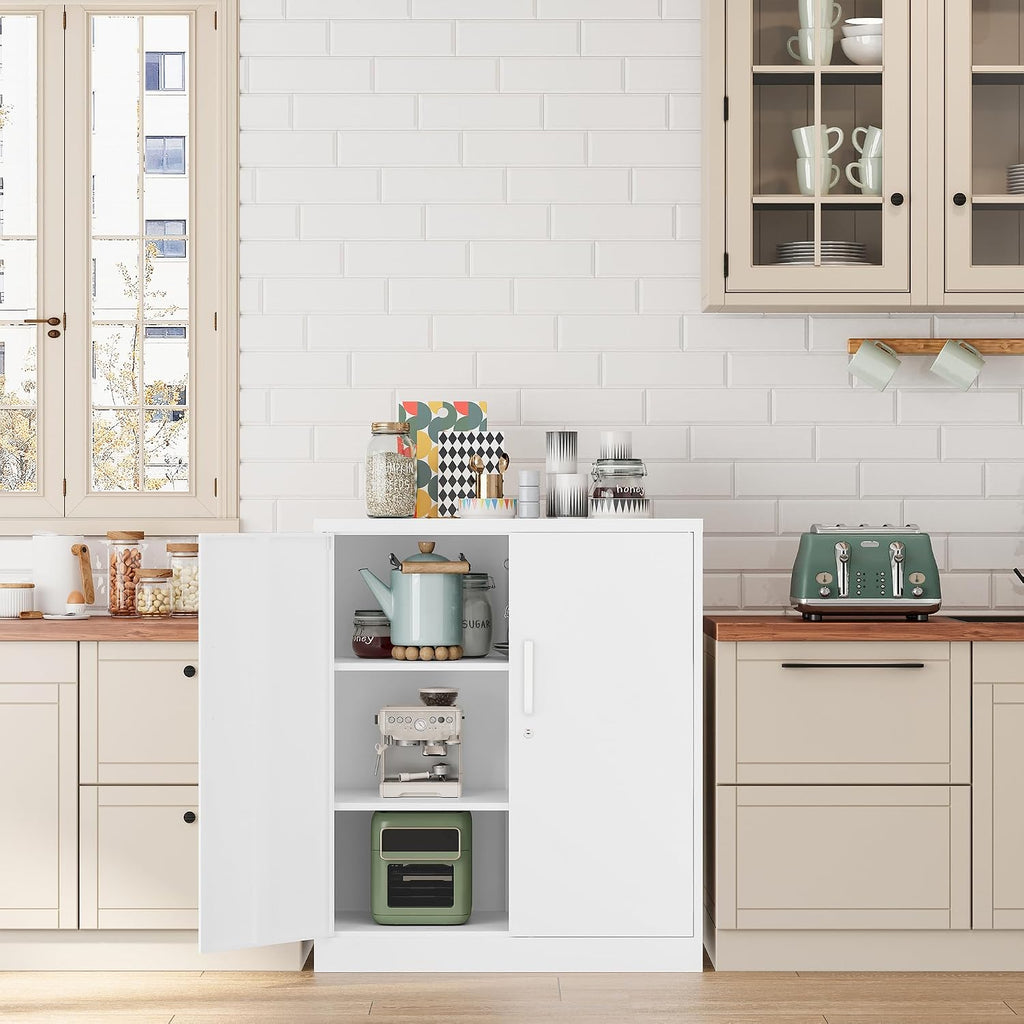 Metal Storage Cabinet-36" Tall Steel File Cabinet with Lockable Doors and Adjustable Shelves-White Steel Storage