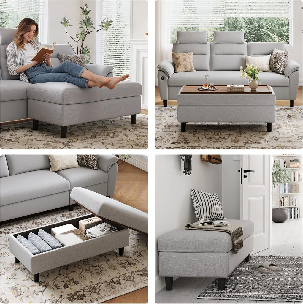 46 Inches Wide Storage Ottoman Bench, Linen Coffee Table Long Shoes Bench Footstool, Storage Chest, Entryway and