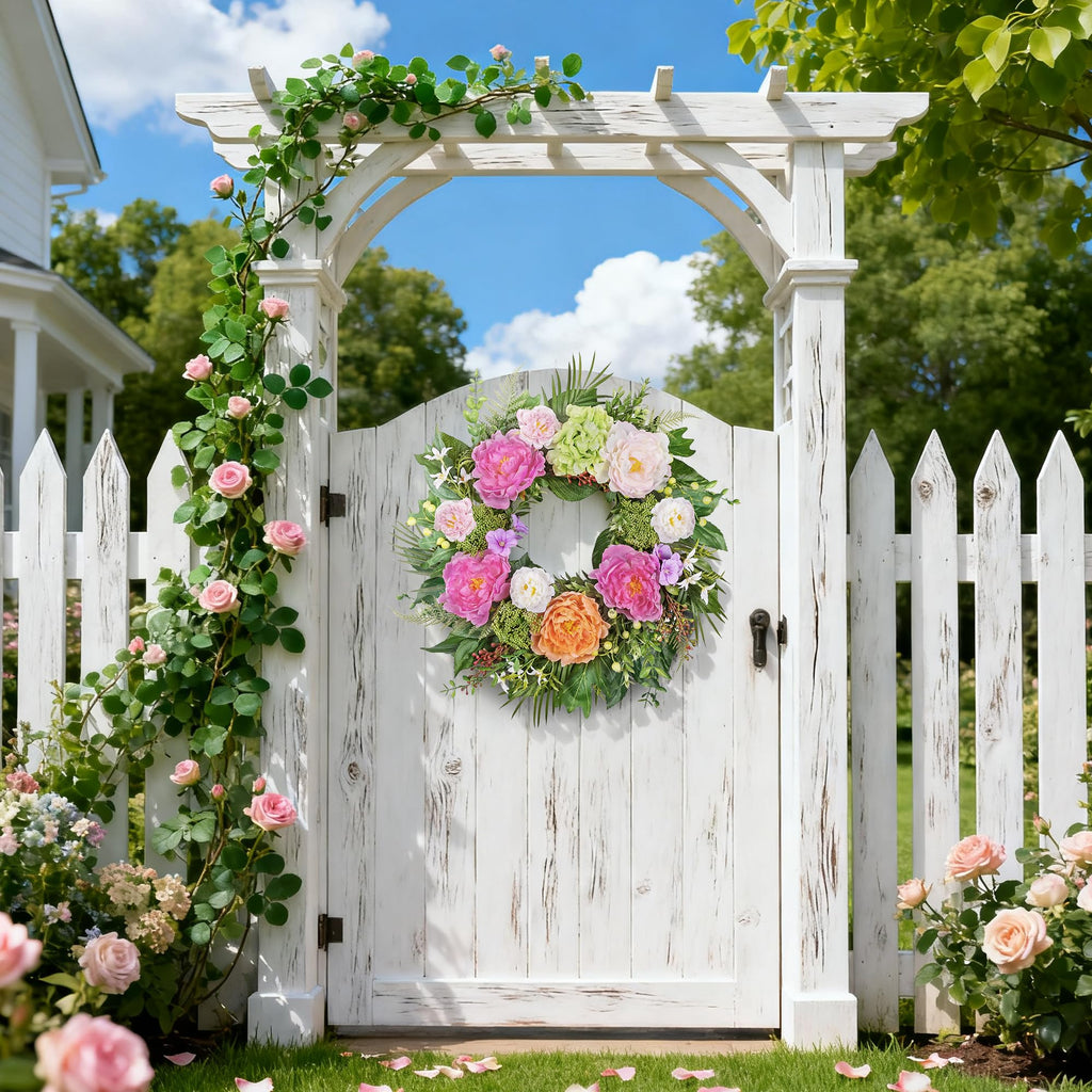 24 Inch Spring Summer Wreaths for Front Door: Realistic Silk Peonies & Hydrangeas with Berry Greenery, Faux Flower
