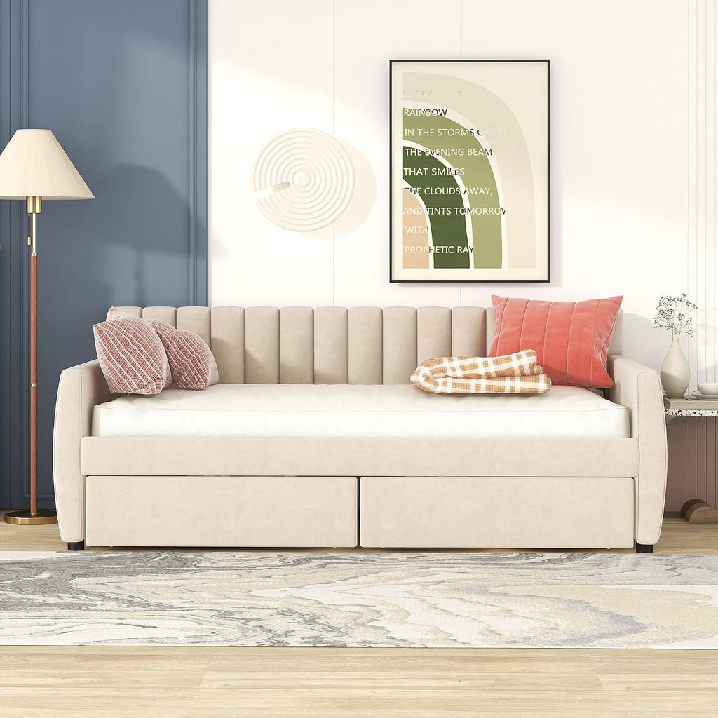 Upholstered Daybed with 2 Drawers, Twin Size Bed Frame with Storage and Wood Slat Support, Beige