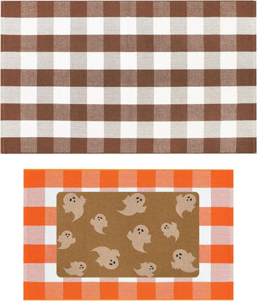 Halloween Door Mat Fall Decor Combo Set + Buffalo Plaid Checkered Rug Fall Washable Outdoor Rug 3'x5' Autumn Layered