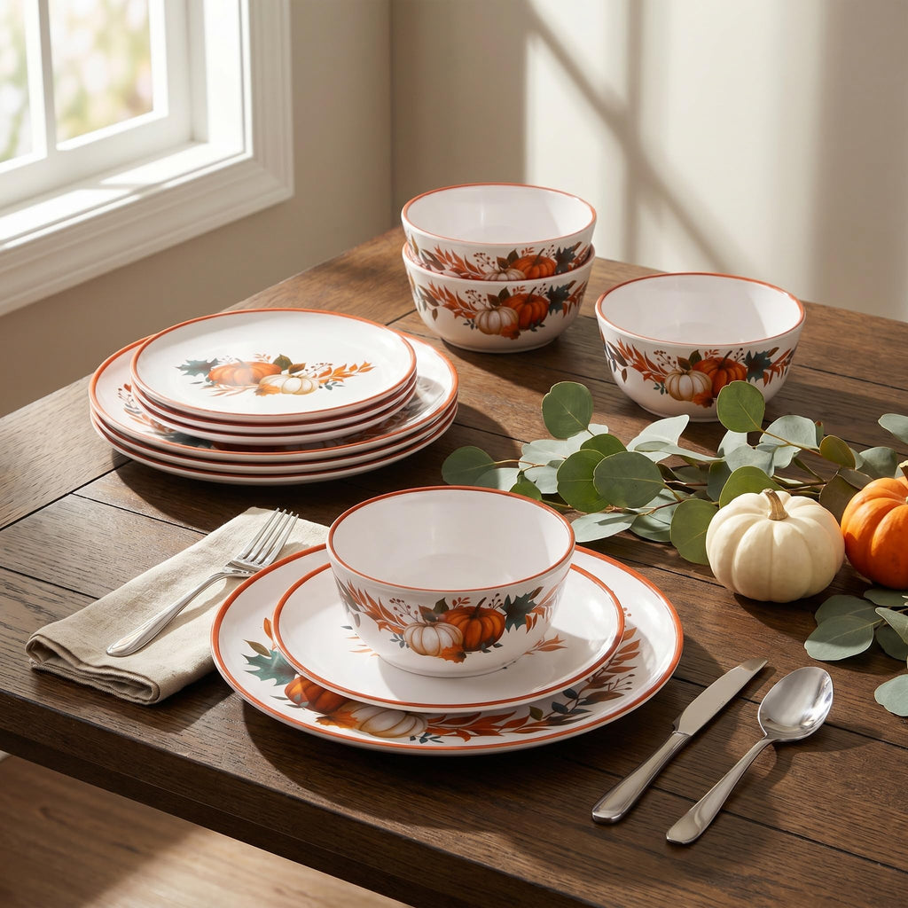 Fall Pumpkin Dinnerware Set for 4, 12-Piece BPA-Free Melamine Dinnerware
