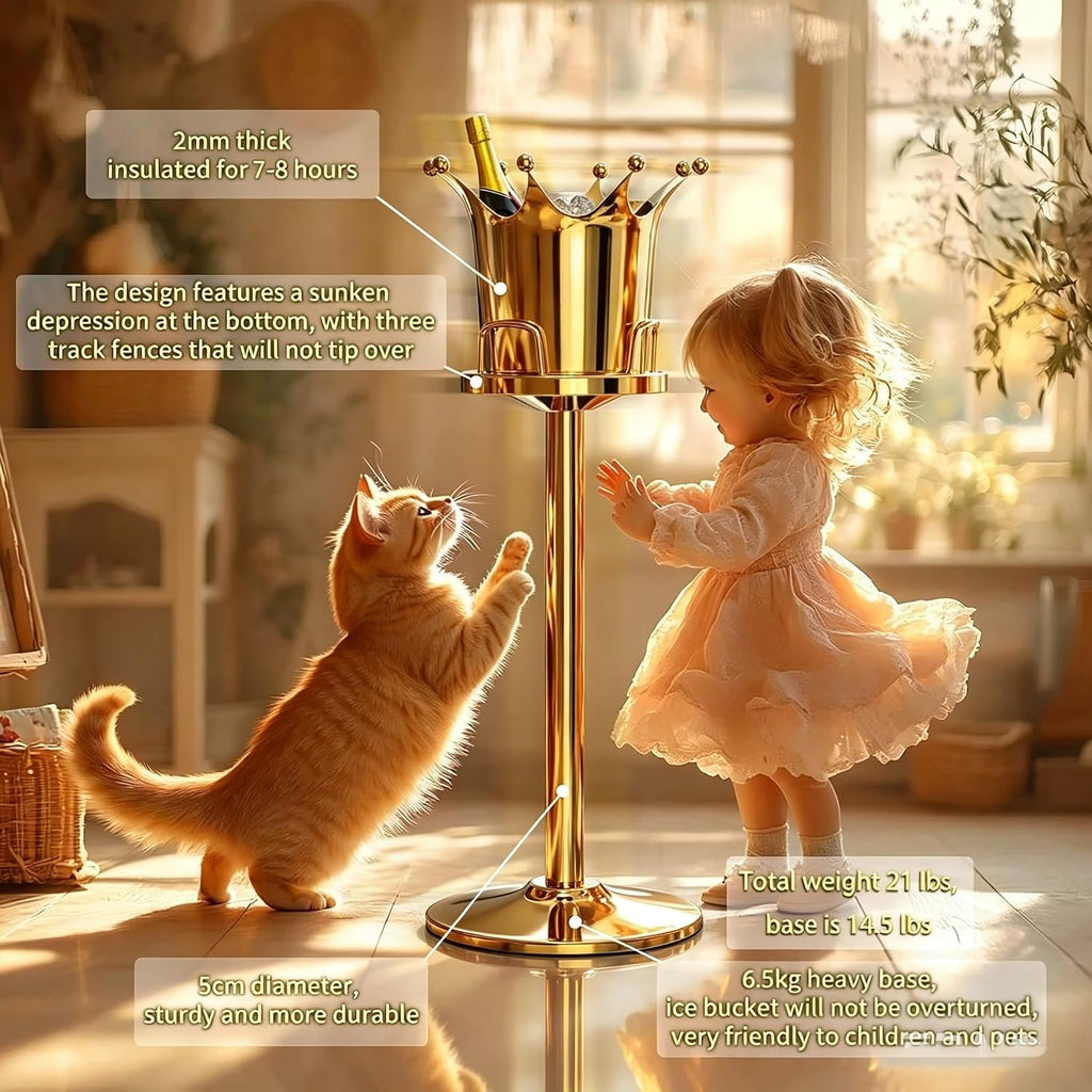 Royal Ice Bucket with Stand, Gold Ice Bucket,Stainless Steel Light-Luxury Standing Wine Bucket,Crown Design with 8