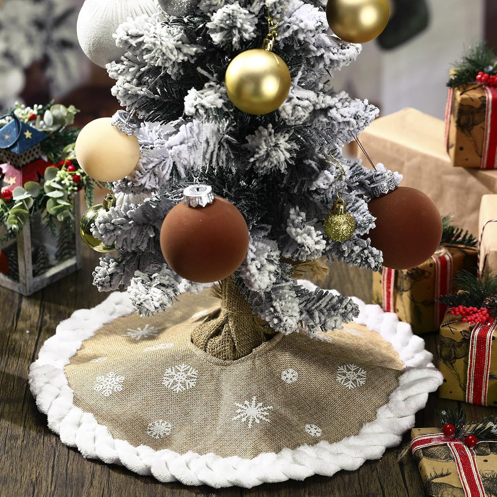 Inch Mini Burlap Christmas Tree Skirt Rustic Farmhouse Small Tree Skirt Linen Burlap Mat Printed with White - Set of 3