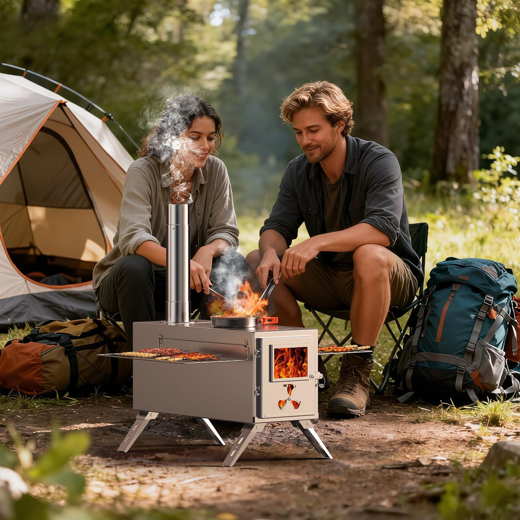 Wood Stove, Hot Tent Stove Camping Portable Stainless Steel Wood Burning Stove with 7 Chimney Pipes for Wall Tent