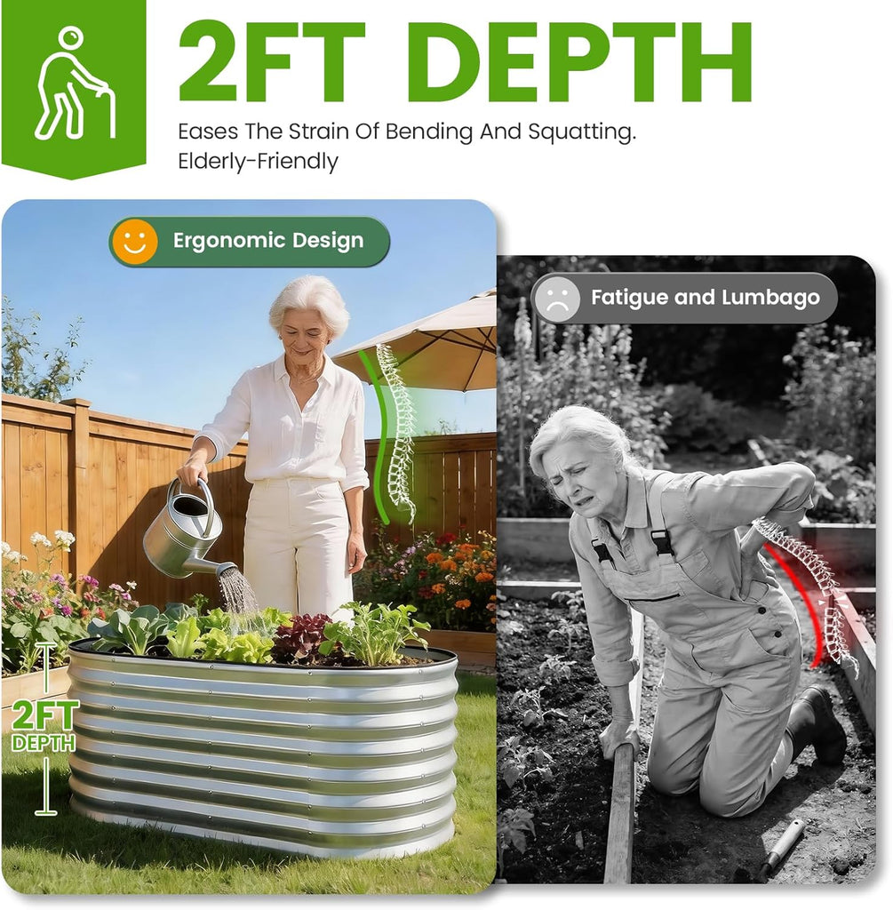 Galvanized Raised Garden Bed 4x2x2ft,Silver Planter Box | 24" Deep Oval Metal Garden Beds with Easy Assembly &