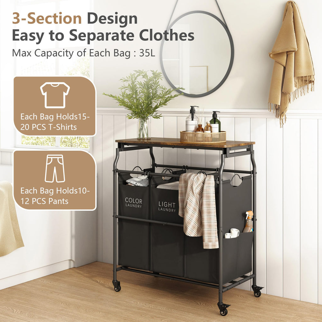 3 Section Laundry Sorter with Ironing Board, Laundry Hamper, Black