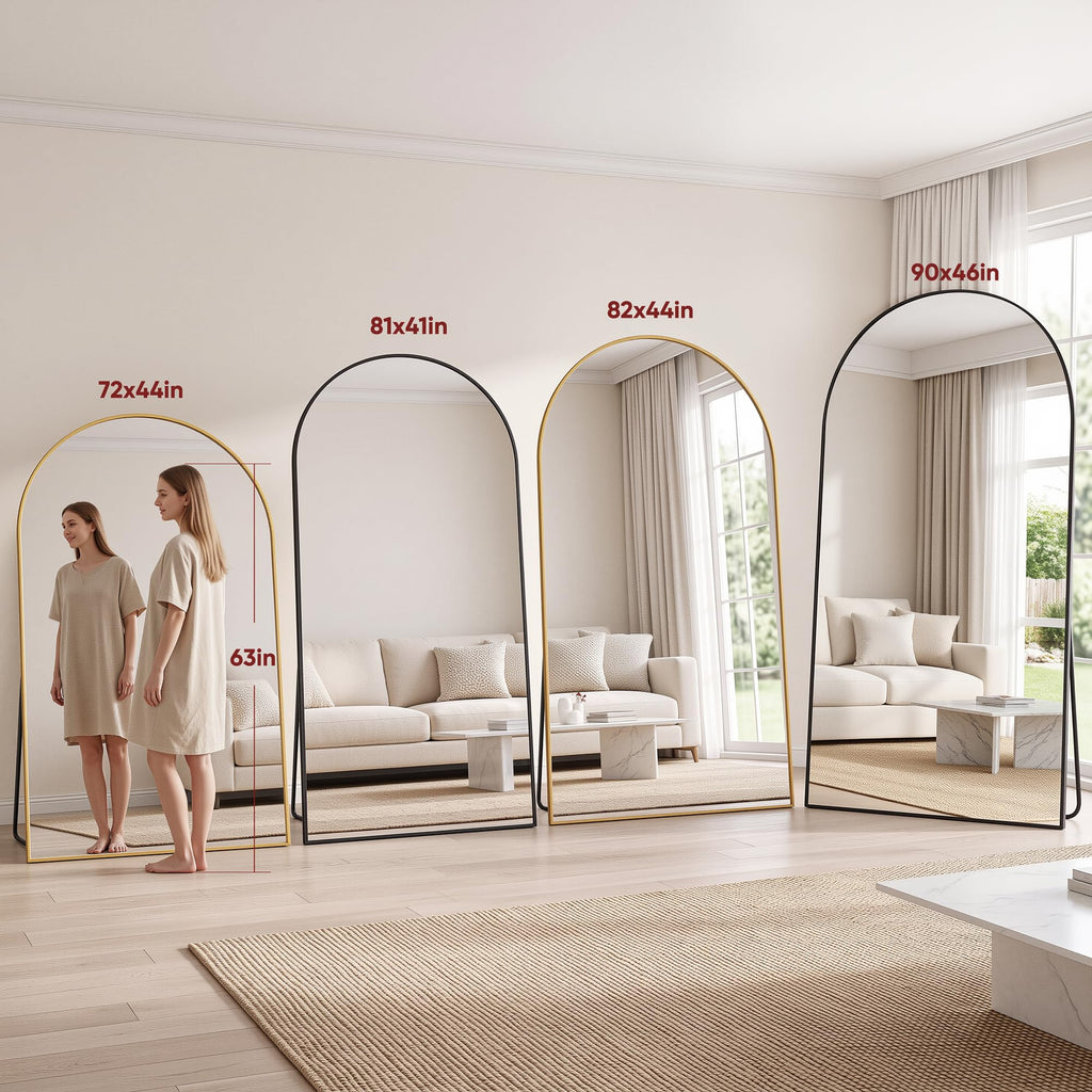 72" x 44" Arched Full Length Floor Mirror, Aluminum Frame, Gold