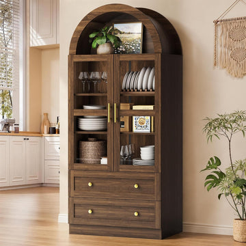 Arched Kitchen Pantry Cabinet, 71" Tall Arched Cabinet with Acrylic Doors, Farmhouse Kitchen Storage Cabinet with 2
